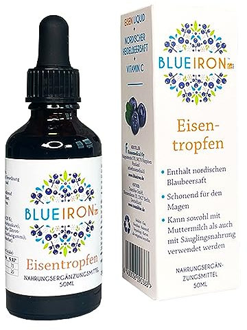 BlueIron Liquid Iron Nahrungsergänzungsmittel mit nordischen Heidelbeeren + Vitamin C, Vitamin B12, Folsäure, Biotin und Zink, für Veganer geeignet, leicht resorbierbar und sanft zum Magen, 50ml