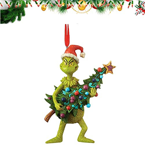 Sheling Grinch Weihnachtsdekorationen, Grinch Hängende Ornament Weihnachtsbaum Dekorationen Anhänger, lustige Harz-grüne für Zuhause, Urlaub, Party (Grinch mit Baum)