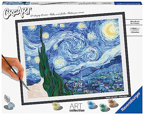 Ravensburger -CreArt Art Collection: Van Gogh, La Noche Estrellada, Pintar por Numeros Adultos y Niños,Cuadros para Pintar por Numeros, Incluye Completo Kit Pintar y Marco, Para Niños 14+ Años,43x33cm