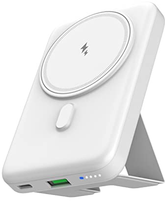 Auskang Magnetic Power Bank 10000mAh, caricatore portatile a ricarica rapida wireless, stand pieghevole Power bank USB-C PD 20W, mini batteria compatibile per per iPhone 14/13/12 Series (bianco)