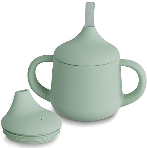 Moonkie Tazza in silicone per bambini dai 6 mesi in su con 2 cannucce (flusso libero e valvola anti-perdite), transizione a 3 fasi