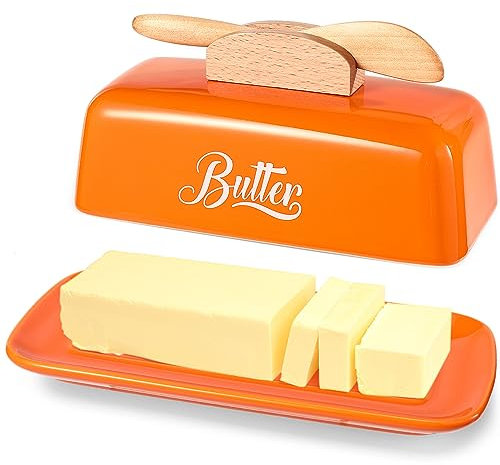 Butter Dish with Lid and Knife Ceramic Butter Holder for Counter Humanized Clamp-able Knife Handle Design, Perfect for East West Coast Butter, Orange