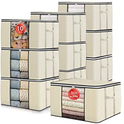 GoMaihe 90 l, 10 pezzi, scatola portaoggetti con coperchio, grandi manici rinforzati, scatole di cartone per vestiti, per coperte, sotto il letto, armadio, scatole, organizer beige