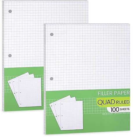 Graph Paper, Filler Paper Loose leaf Graph Paper - 8” x 10.5 - Graph Ruled, 4x4 Quad Ruled Notebook Paper, 3 Hole Punched Loose leaf Papers for 3 Ring Binders - 100 Sheets per Pack (2 Pack)
