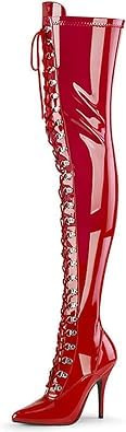 Ladies Front Lace Up Boots Womens Thigh HIGH Over The Knee Stiletto Heel Boots UK (11 UK, Red Patent)