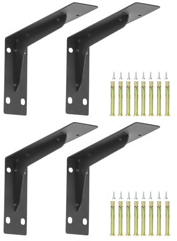 QWORK® 4 Stück Metall Regalwinkel Wandregalhalter Winkel 90 Grad Regalhalterung - Solider Stahl Einteilig Geformt - 240 x 145 mm - bis 120 kg Belastbar - Schwarz Matt