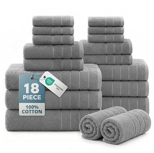 Casa Platino Cotton Towels Set for Bathroom - 18 Pc Family Pack - Super Soft & Quick Dry - 6 Bath, 6 Washcloth, 6 Hand Towels - Oeko TEX Certified, Machine Washable & Durable - Cool Grey