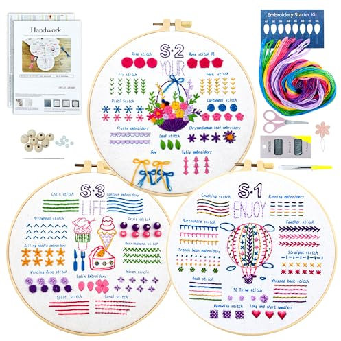 xiruiubao Stickset für Anfänger, 3 Stück Sticken Set Erwachsene, Embroidery Kit Stickerei Starter, Sticken für Anfänger, Kreuzstich Set, DIY Kunst, Handstickset Handwerk