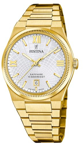 Festina SWISS MADE Orologio Uomo Analogico Acciaio 316L Oro - Quarzo Data - Vetro Zaffiro Resistente - Impermeabile 10 ATM - F20057/1 Rive Collection