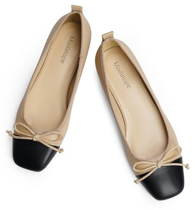 Modatope Bowknot Flat Ballet Shoes Closed Ballerina Square Toe Slip On Bowknot Flat Shoes for Women, Nude black, 9.5 UK