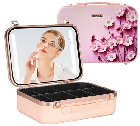 Givoni skönhetslåda, sminkväska med LED-lampor och spegel. Sminklåda, sminkorganisatör. Skönhetslåda, skönhetsväska med upplyst spegel., Rosa damlåda, Skönhetslåda