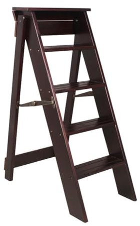 Folding Wooden Step Stool Ladder for Adults 5 Steps Black Walnut Color Lightweight and Sturdy for Home or Kitchen Use