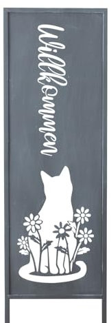 MF Gartenstecker Willkommen mit Tiersilhouette, 83,5 cm Höhe, Metall Dekoration, Schwarz, Set mit 2 Stück (Katze)