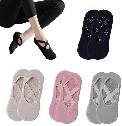 AXERHK Pilates Socken, Yoga Socken, 4 Paar Stoppersocken für Damen Mädchen, Einheitsgröße Anti Rutsch Socks Sport für Yoga, Pilates, Barre, Tanz, Fitness