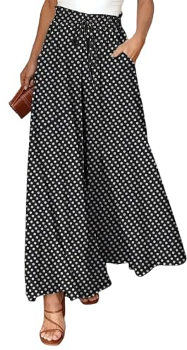 LIUYUYOUGO Pantalones De Verano para Mujer De Pierna Ancha Estilo Palazzo con Estampado De Lunares Vintage Holgados De Cintura Alta Elástica Estilo Bohemio con Bolsillos con Cordón Color Negro Tal