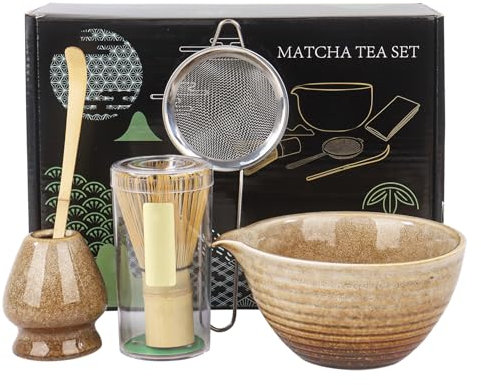 5Pcs Matcha Tea Set with Whisk and Bowl, Ceramic Matcha Bowl Matcha Whisk Holder Matcha Kit for Ceremony