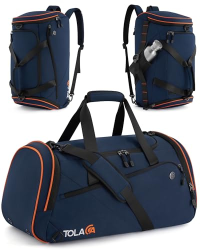 Tolaccea Sportväska herr och dam 47 l – skofack och våtfack, ryggsäck, duffel träningsväska för fitness, gym, simning, resor (mörkblå)