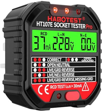 DEWIN Socket Tester, Outlet Tester UK with RCD Test and LCD Voltage Display 6 Fault Diagnostics Leakage Voltage and Current Display 90-250V (HT107E UK)