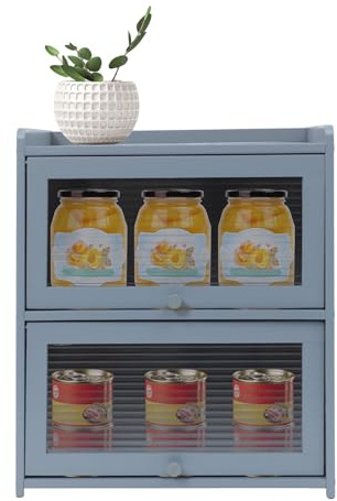 WindWilder Bread Bin Wooden 42x25x50cm Breads Storage Box Storage Cabinet for Kitchen Living Room Bedroom, 11 lbs Capacity (Grey-Blue)