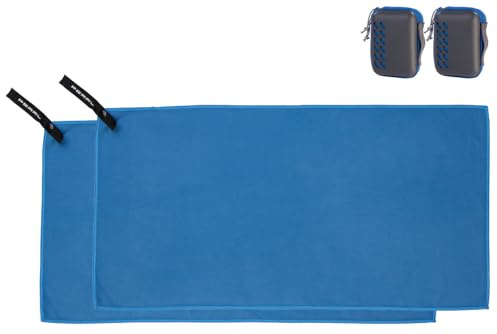 PEARL Reise Handtücher: 2er Mikrofaser-Handtuch mit Tasche schnell trocknend 30 x 60 cmblau (Super Saugfähiges Handtücher, Trainingshandtuch)
