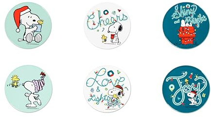 Excelsa Peanuts - Juego de 6 Posavasos navideños de cerámica con Base de Corcho, 10,5 cm, decoración de Snoopy