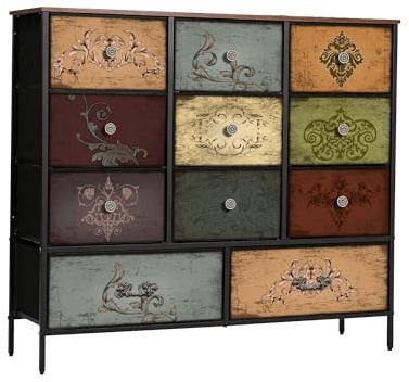 Wuynn Kommode für das Schlafzimmer mit 11 tiefen Stoffschubladen | hohe Kommode, breiter TV-Schrank, Vintage Würfel-Regal für Schrank und Kinderzimmer