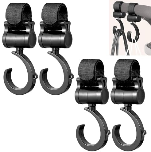 4Pcs Pram Hooks for Bags, Pram Clips for Buggy, 360° Rotation Adjustbale Buggy Clips Pushchair Accessories for Rollator Stroller Wheelchairs Mobility Scooter, Luggage Hook Universal Fit, Single-Hook