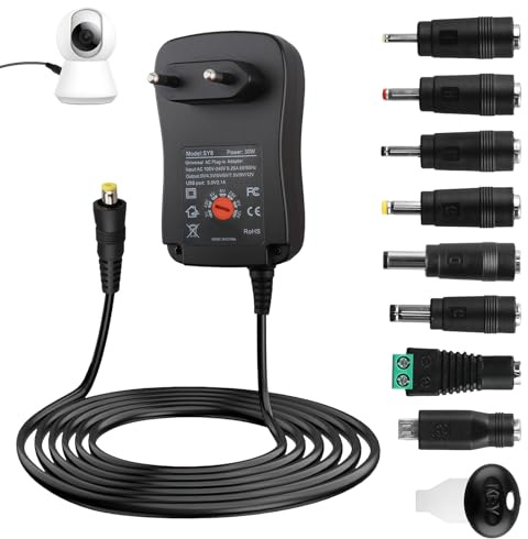30 W universell DC-strömadapter 3 V/4,5 V/5 V/6 V/7,5 V/9 V/12 V, omvänd transformator strömförsörjning, med 8 uttag för router, TV-hölje, LED-remsa, bärbar dator, kamera (2 A max)