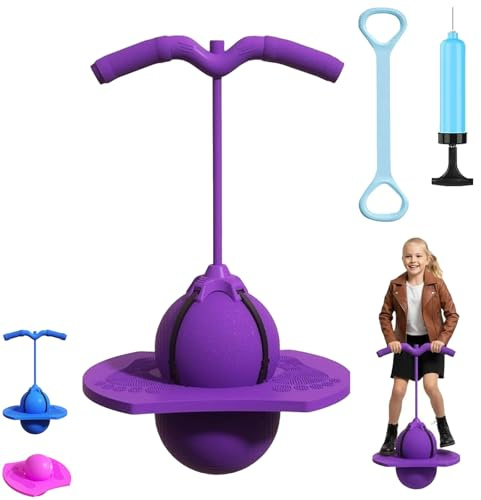 Pogo Sprungball für Kinder und Erwachsene, Pogo Stick mit Griff, Balance Hüpfball für Kinder, Rutschfester Unterseite, Tragfähigkeit 300 Kg, Zum Trainieren des Gleichgewichts (Lila–Mit Armlehnen)