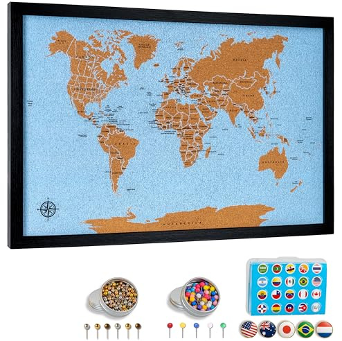 Tablero de pines con mapa del mundo, tamaño mediano, 21 x 14 pulgadas, enmarcado | Mapa de pared de corcho azul del océano con 300 chinchetas | Bandera del país, pines metálicos y de colores | Mapa de