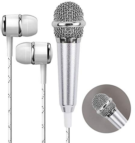 Nakw88 Mini microphone Plug and Play pour téléphone portable, mini microphone avec écouteurs pour karaoké à la maison, Pas de zéro, Argenté., Taille unique