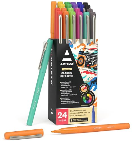ARTEZA Felt Tip Pens, Set of 24, 12 Rainbow Colors, 1.0–1.5 mm Fiber Tip, Quick-Drying Water-Based Ink for Journaling, Notes, and Office & Home Use