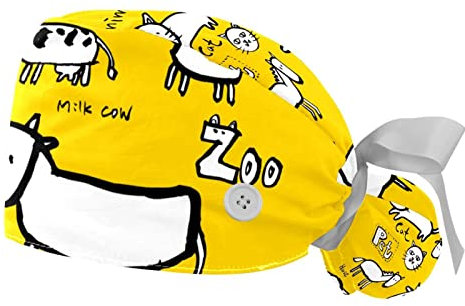 2 Packungen Arbeitskappe mit Knöpfen und Band für Frauen langes Haar, verstellbares Baumwollschweißband Arbeitsmütze Pferdeschwanzhalter, Raffhalter Hüte, Zoo Gelbes Tier, multi, Einheitsgröße
