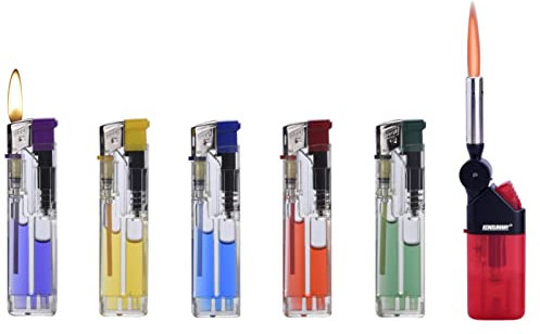 5X Piezo Einweg Feuerzeug mit Gasbehälter transparent, Gasfeuerzeug Normale Flamme + 1x (Konsumany® Stab- Stumfeuerzeug 12,5 cm Lang)