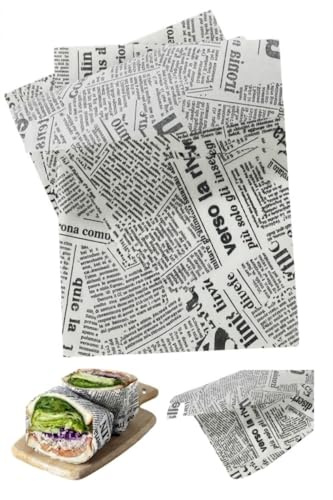Butterbrotpapier - Wachspapier für Lebensmittel 25x35cm – 100 blatt, beschichtet, fettabweisend & wasserfest, für Burger, Sandwich, Pommes & mehr, Vintage Zeitung-Design von WK Packaging