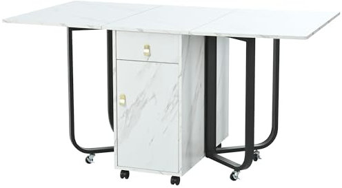 Modern Extendable Kitchen Table with Built in Cupboard 2 Drawers and Rolling Casters Drop Leaf Table with Ample Storage (White/Black)