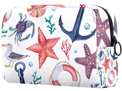 Watercolor Anchor Seagull Lifebuoy Cosmetic Bag for Women, Travel Toiletries Bags Large Makeup Handy Pouch Organiser Bag with Zipper