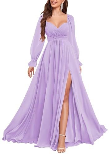 HPPEE Langärmeliges Brautjungfernkleid für Damen, mit Schlitz, plissiert, Chiffon, Abendkleid, Flieder, 36