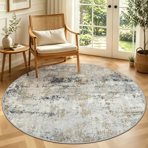 Capslpad Abstrakt matta grå guld vardagsrum 135 x 135 cm halkfri kort lugg syntetisk ull sovrum tvättbar matta minimalistisk sängmatta för vardagsrum sovrum