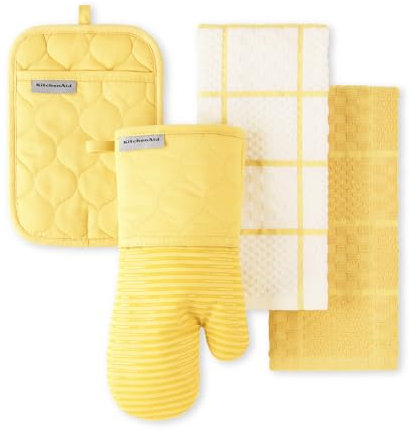 KITCHENAID Quilted Cotton Terry Cloth Oven Mitt, Pot Holder, Kitchen Towel 4-Pack Set, Heat Resistant, Silicone Grip, 16x26, 7x13 & 7x10, Butter Yellow