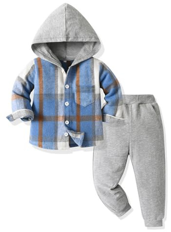 UUAISSO Vêtements Pour Bébés Tout-petits Hauts Garçons Sweat à Capuche Carreaux Pantalons Tenues D'automne et D'hiver Bleu azur 2-3 ans
