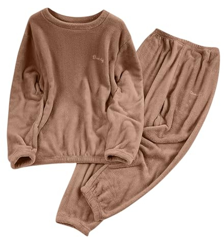 Womens Fluffy Loungewear Pyjamas Sets 2 Piece Sleepwear Casual Loose Fleece Pullover Lounge Pants Plush Thick Winter Nightwear Winter Cozy Pajamas PJs Set Brown
