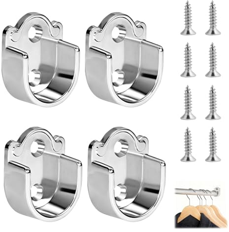 GIONAR 4 Pack 19mm Rail Brackets, Wardrobe Rail Bracket for 19mm round Pole | 19mm Hanging Rail Brackets, Zinc Alloy Material, U-shaped Rail Support Brackets with Screws, for Cloakroom and Bathroom