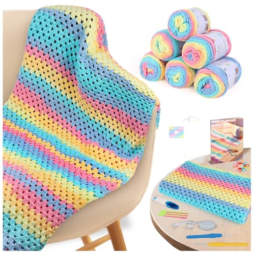 Aeelike Häkeldecken-Set für Anfänger, Regenbogen-Oma-Quadrate, gestreifte Decke, komplettes Häkelset für Erwachsene, mit Farbverlaufsgarn und Anleitung (evtl. nicht in deutscher Sprache), einfaches
