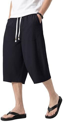 KEFITEVD Mens Linen Trousers 3/4 Length Loose Shorts Elasticated Waist Beach Shorts Casual Harem Pants for Work Black 32