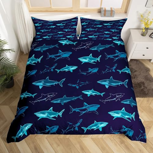 Sharks Bedding Set, Large Reef Shark Duvet Cover, Deep Ocean Animal Quilt Cover for Kids Boys Girls, Rodents Wild Marine Life Hawaiian Comforter Cover Child Room Décor 3Pcs Queen Size Navy Blue