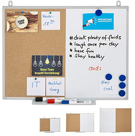 Relaxdays Kombitafel 2 in 1, Kork Pinnwand & Magnettafel, Aluminiumrahmen, Kombiboard mit Ablage, 45 x 60 cm, weiß/Natur