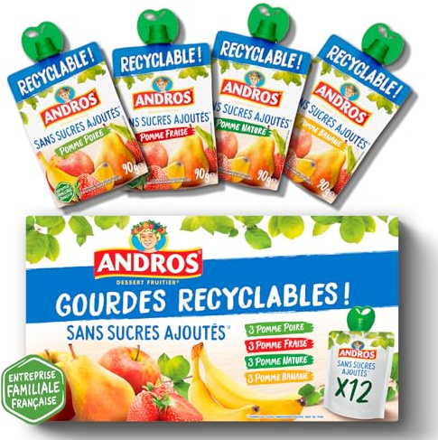 ANDROS Compote de Fruit, Gourde Recyclable, Sans Sucre Ajouté, Goût Pomme + Pomme/Poire + Pomme/Fraise + Pomme/Banane, Idéal pour le Goûter des Enfants, Pack de 12