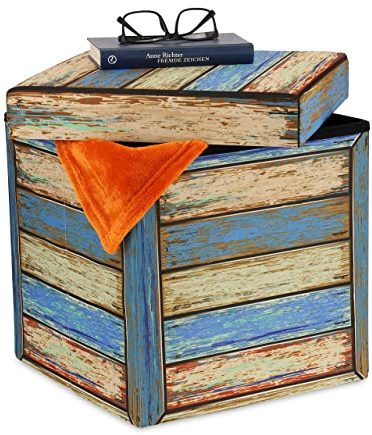 Relaxdays Sitzhocker mit Stauraum, Vintage Holzplanken Design, bunt | faltbar, gepolstert, Hocker HBT: 38x37,5x37,5 cm