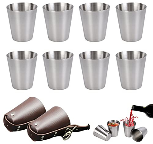 doepeBAE Vasos de Chupito Acero Inoxidable, Vaso Chupito con Estuches de Cuero, Vasos Metalicos Reutilizable Portátil, Taza Acero Inoxidable para Fiesta, Barbacoa, Camping, etc (70ml Juego de 8)